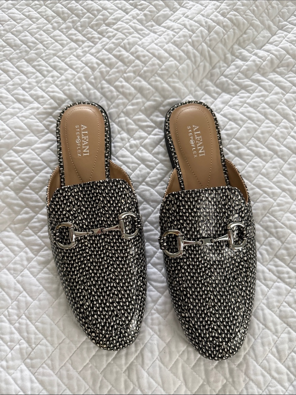 Alfani Black & White Patterned Slip-On Mules with Silver Bit